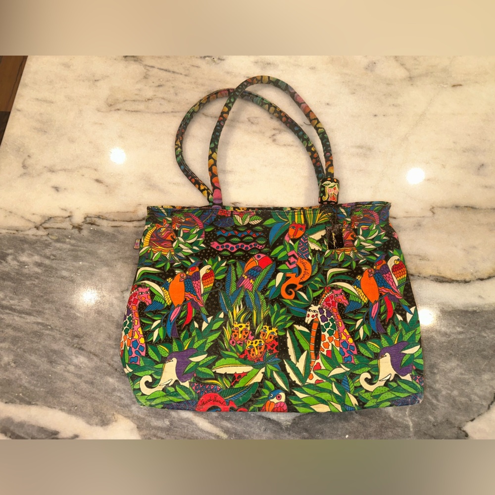 Laurel Burch Tropical Parrot Print Tote - Green, Blue, Orange, Pink